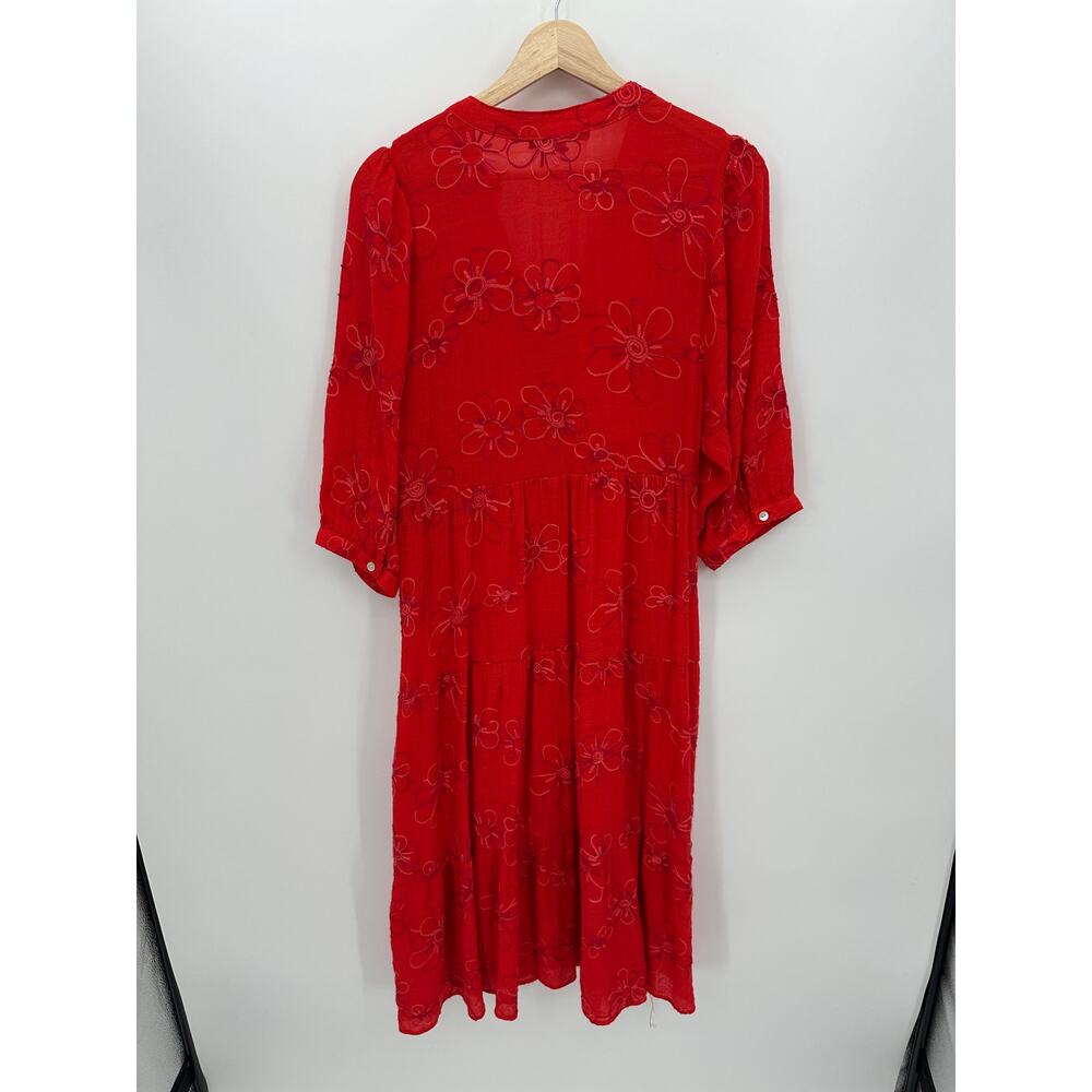 Red Floral Embroidered Midi Dress Tiered V Neck Boho Cottagecore Sz L - Picture 2 of 7